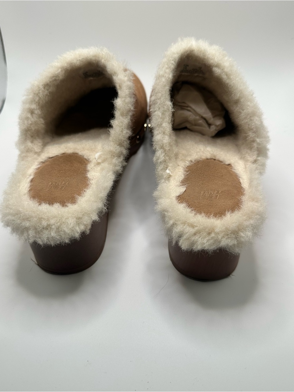 H&M Chestnut Suede Shearling-Trim Clog Mules with Gold Studs - Picture 5 of 8
